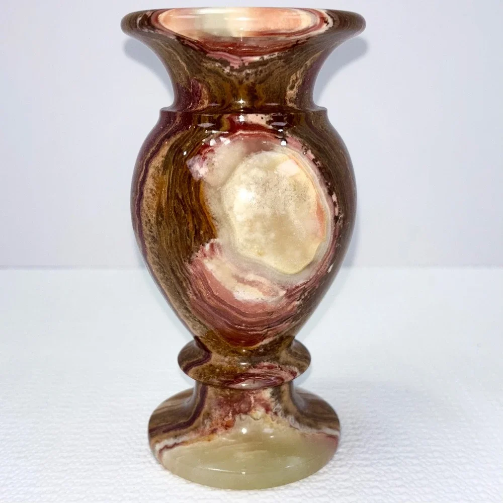 Vintage Onyx Marble Bud Vase Brown Cream Banded Polished Stone Urn 6 Inch